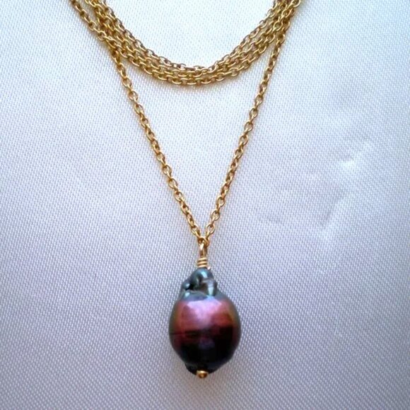 Samira 13 18K Gold Tahitian Black Baroque Pearl Pendant Necklace Chain $1310 - Picture 8 of 9